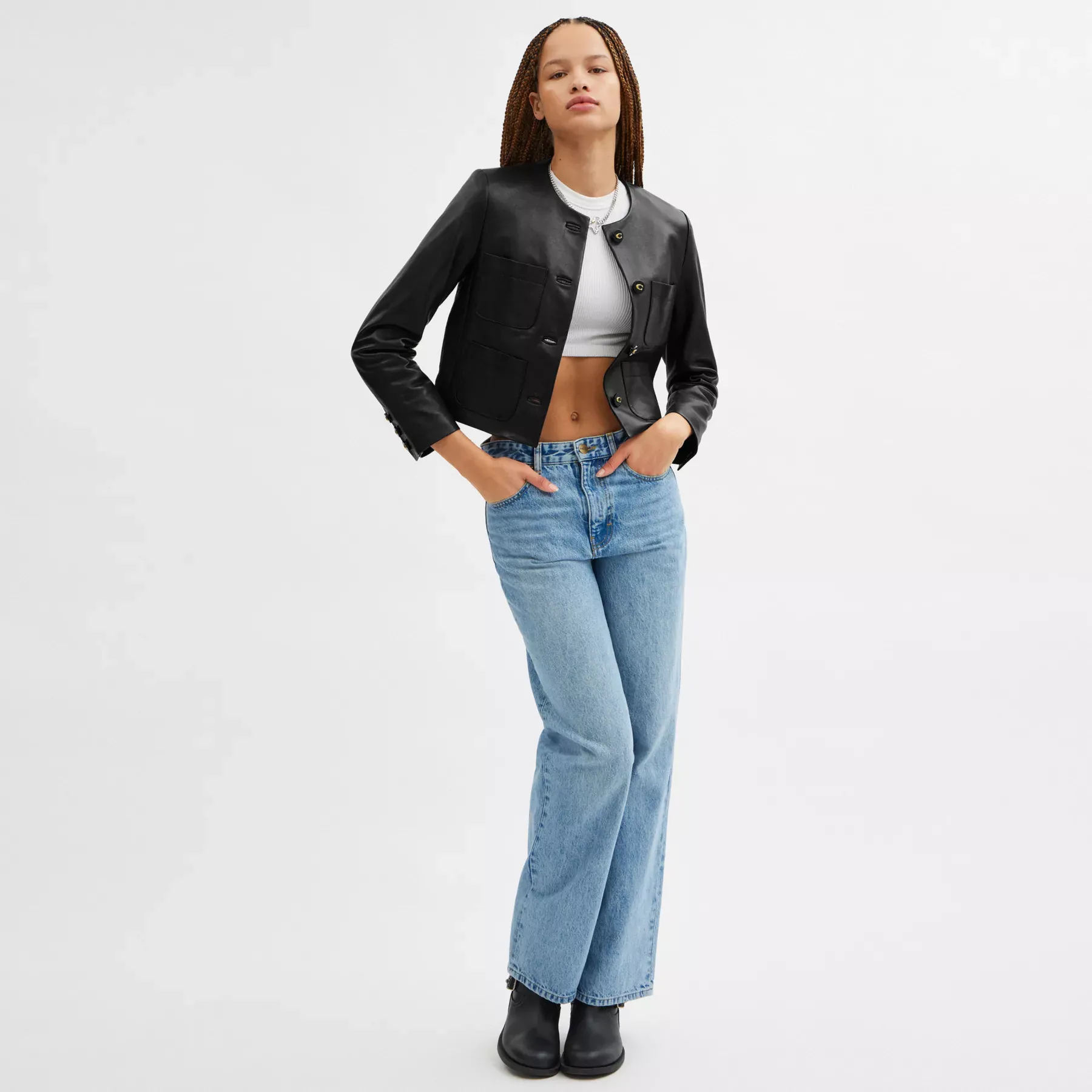 COACH Kragenlose Lederjacke Schwarz