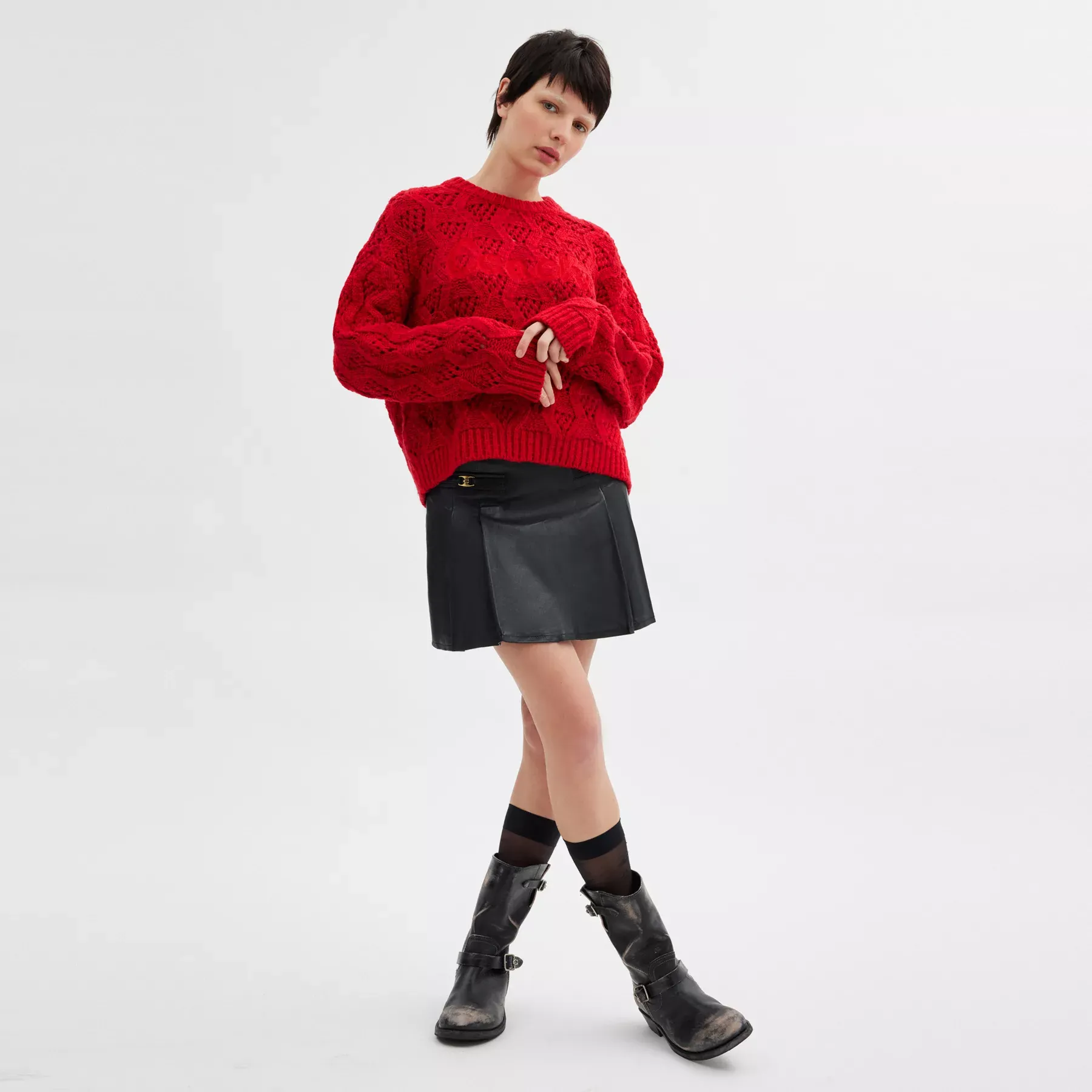 COACH Kurzer Pullover mit Zopfmuster und kursivem Signature-Print Rot