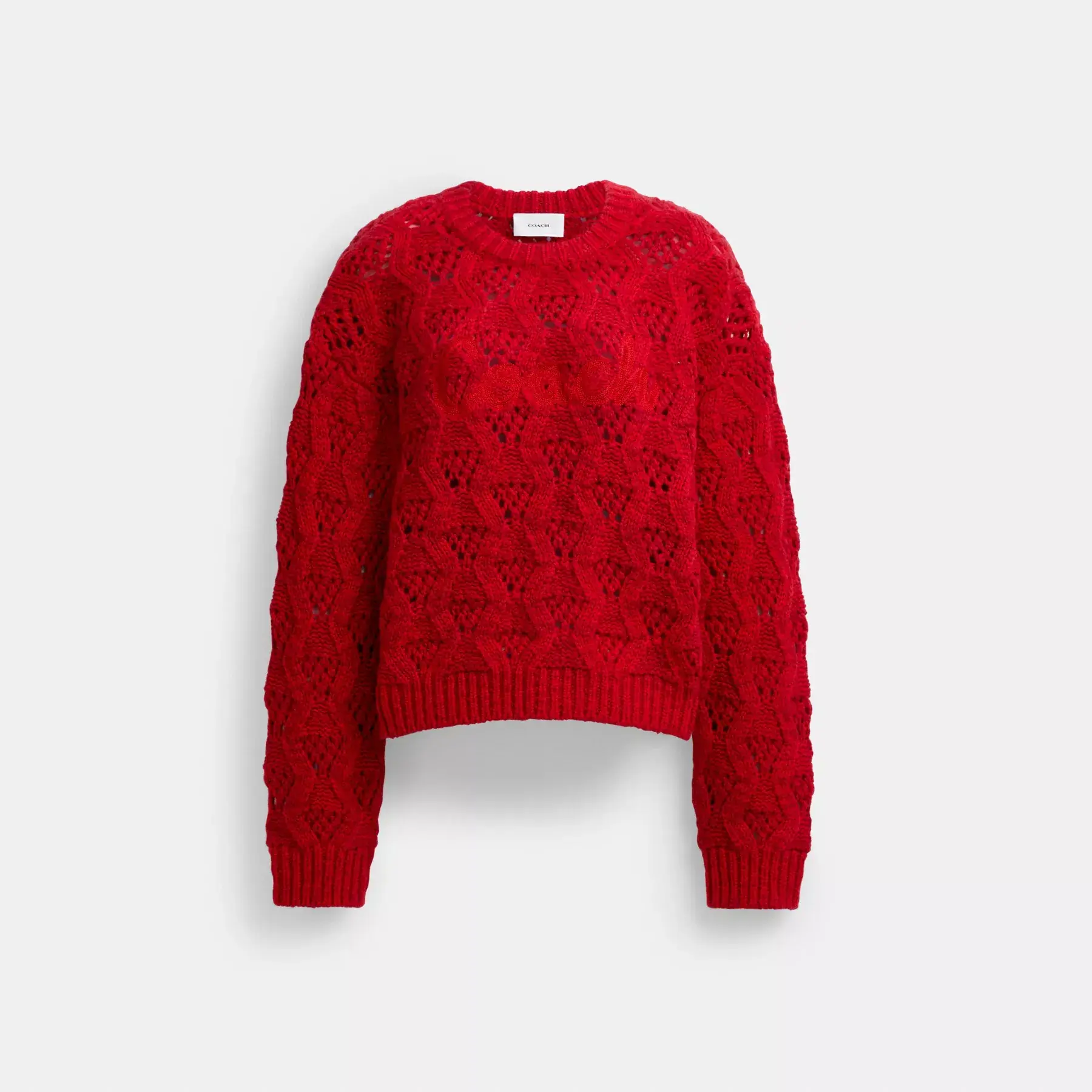 COACH Kurzer Pullover mit Zopfmuster und kursivem Signature-Print Rot