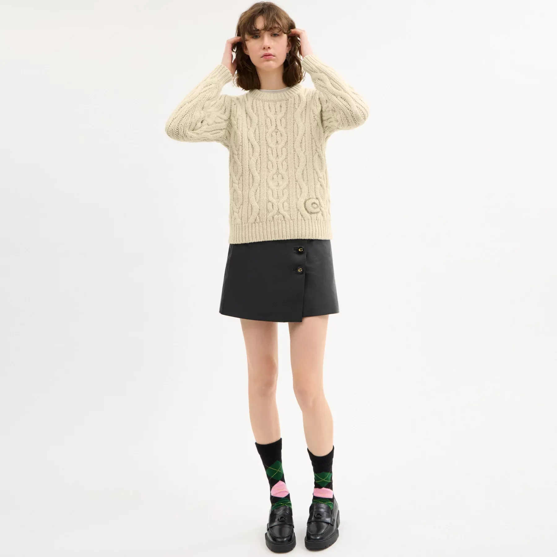 COACH Rundhalspullover mit Zopfmuster Creme
