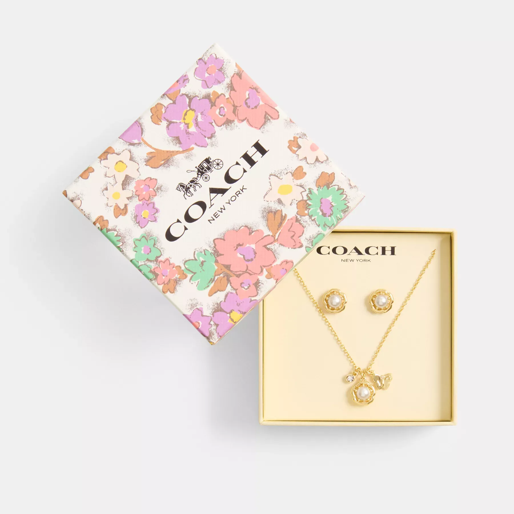 COACH Set aus Halskette und Ohrringen mit Teerosen-Perlen Gold/Perle